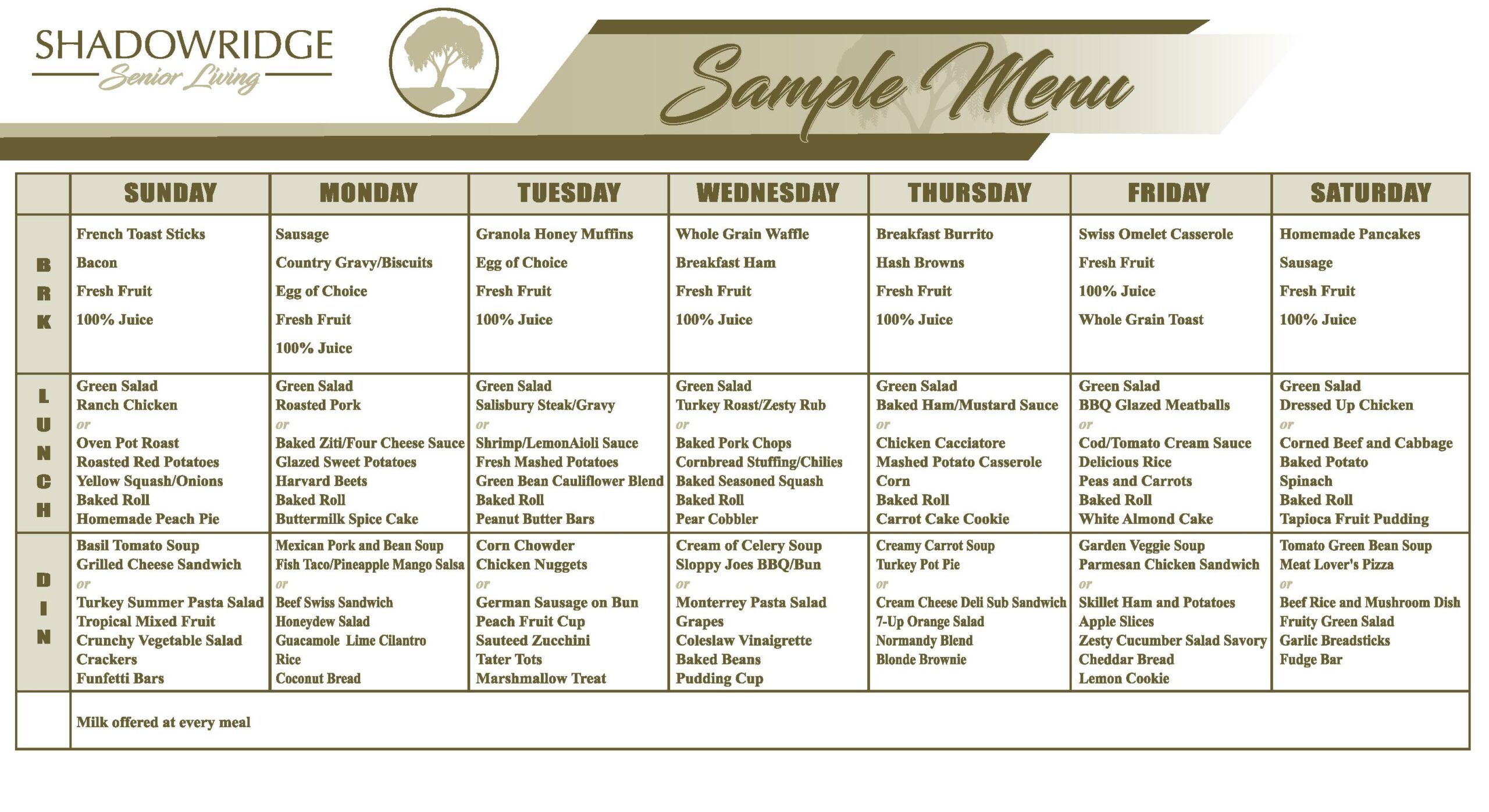 Sample Menu | Shadowridge Senior Living